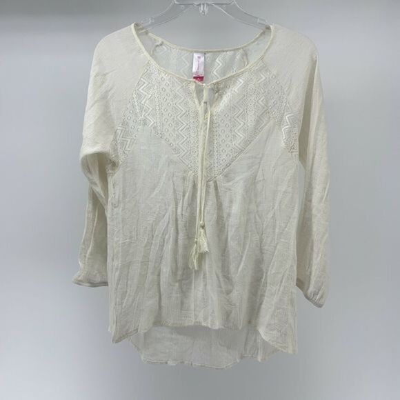 No Boundaries Tops - White Lace Back Popover Blouse Tassel M